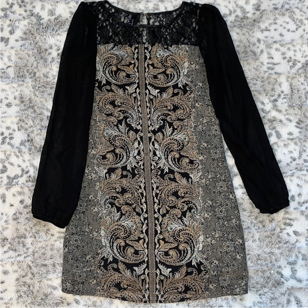 Maurcies shift sheer long sleeve faux leather trim dress small